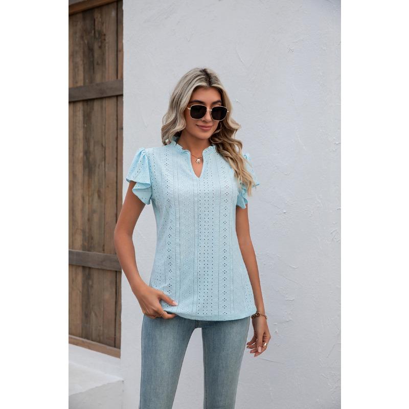Camiseta de Verano para Mujer Cuello en V Manga Corta con Volantes Top Holgado de Manga Corta