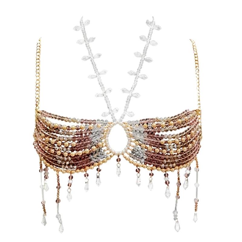 

Fashionable Pearls Crystal Tassels Bralette Body Chain for Women’s Beachwear Beaded Body Jewelry Harness Bustier Bra Top 1