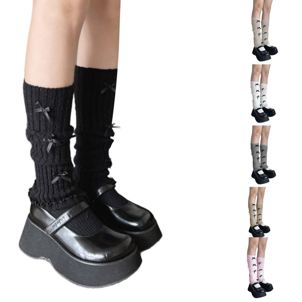 Sweet Girls Leg Warmers Women Ribbed Knit Foot Covers Elegant Bowknot Ruffled Trim Boot Cuffs Footless Long Calf Socks