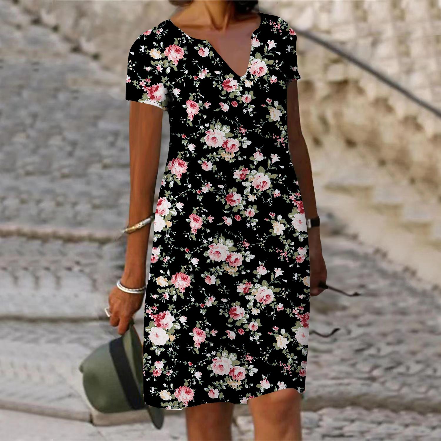 

Летнее модное платье с v-образным вырезом, женское простое платье с коротким рукавом и цветочным принтом, свободное повседневное платье для женщин L розовый