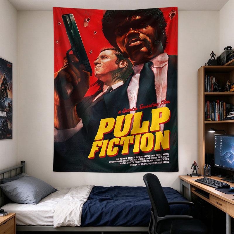 Pulp Fiction poster, John Travolta and Samuel L. Jackson in black suits, bold yellow PULP FICTION letters against deep red Wall Tapestry