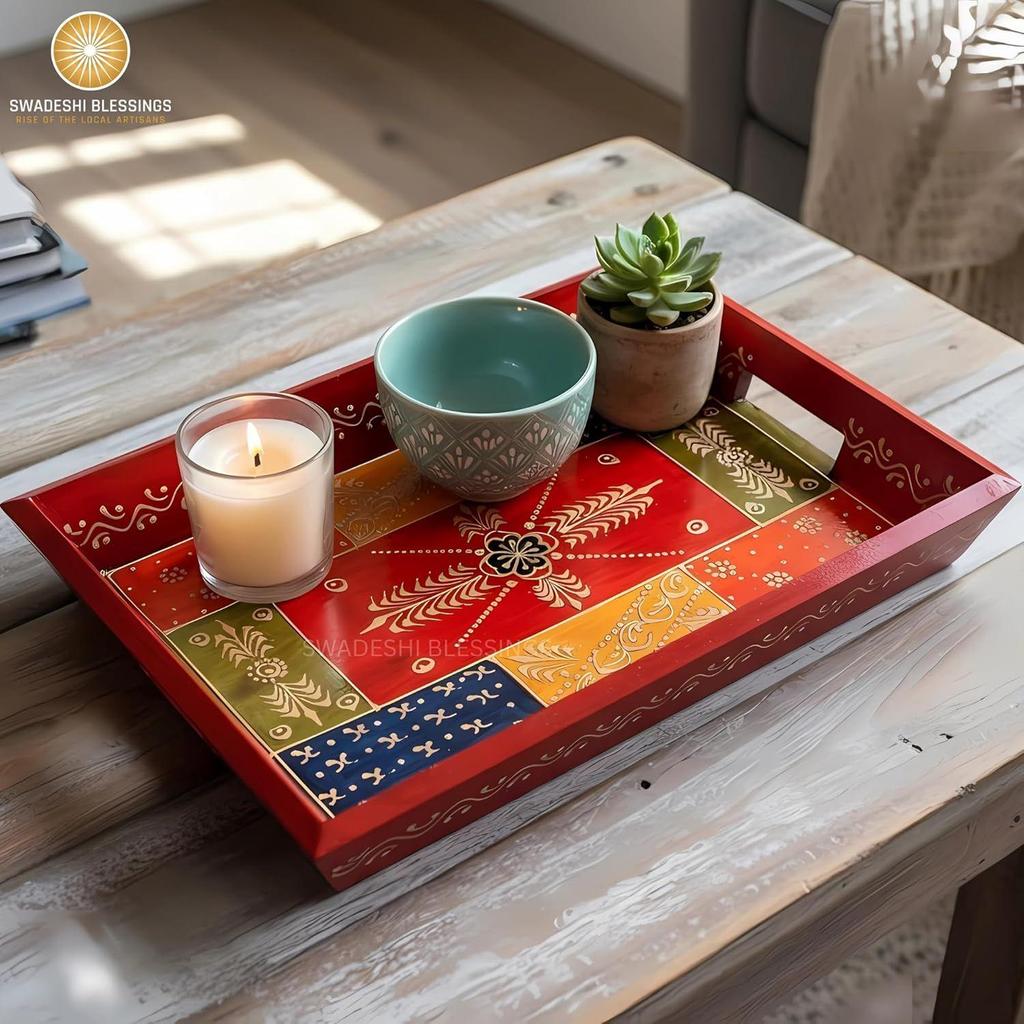 Wooden Tray for Serving- Handcrafted & Hand-Painted for Kitchen/Table & Home Decor/Dinning/Gifts/Restaurants/Living Room/Coffee Table 30Cm