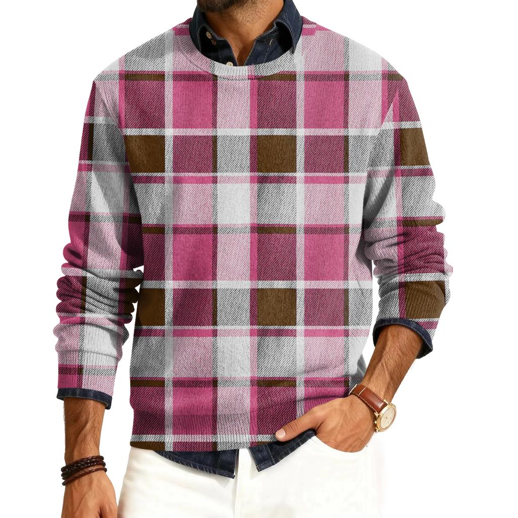 Męski sweter z okrągłym dekoltem, długim rękawem i prążkowanej dzianiny