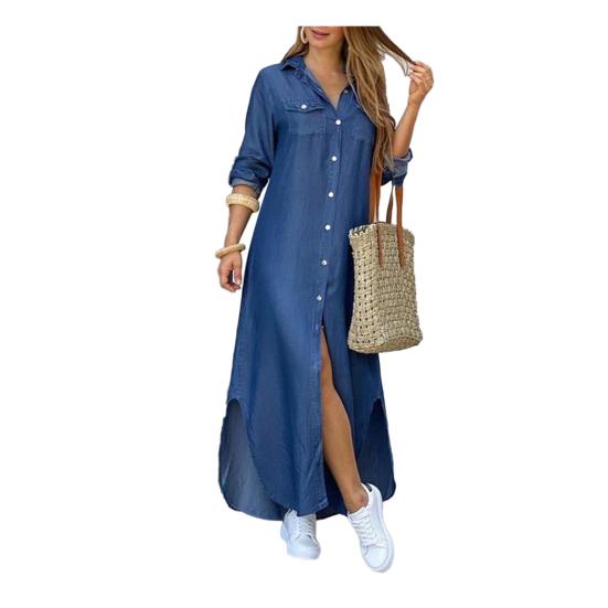 Fashion Women Long Sleeve Slitting Hem Pockets Single-breasted Maxi Shirt Dress