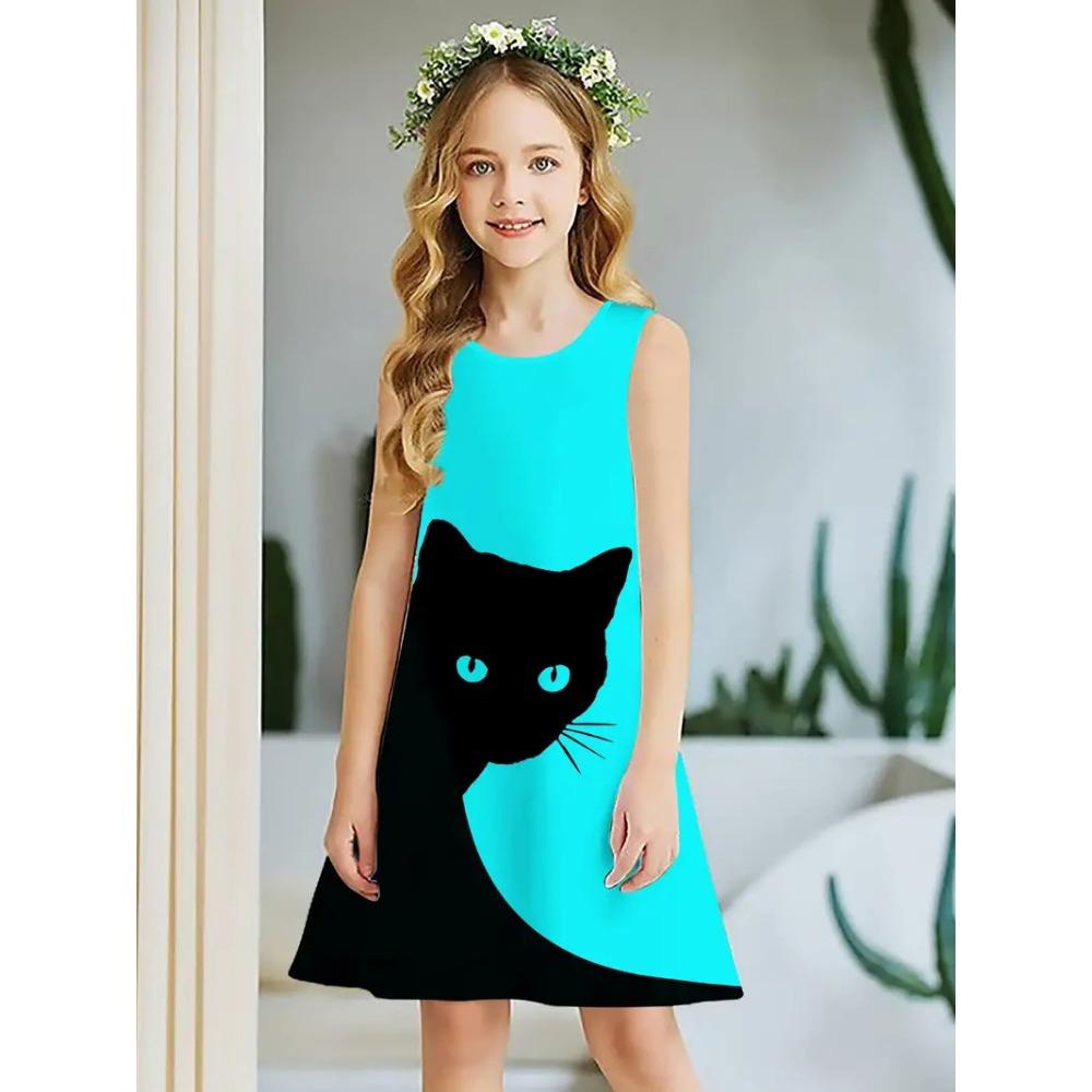 Frühling und Sommer neues ärmelloses Rundhals-Westenkleid für Mädchen, niedliches Prinzessinnenkleid, 3D-Digitaldruckmuster