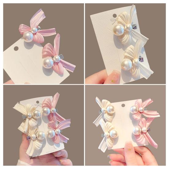 2Pcs Kids Hairpins Ribbon Bow Faux Pearls Decor Baby Hair Clips Rounded Edges Gentle Clamping Force Mini Size Hair Pins