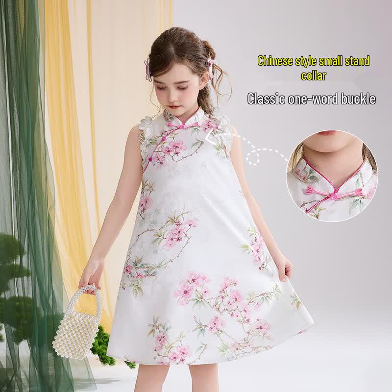 ASK JUNIOR Girls' New Chinese Style Sleeveless Qipao Dress