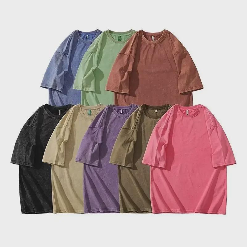 T-shirt pour homme en coton lourd délavé et vieilli, ample style Hong Kong, manches courtes cinq points, marque tendance d'été.