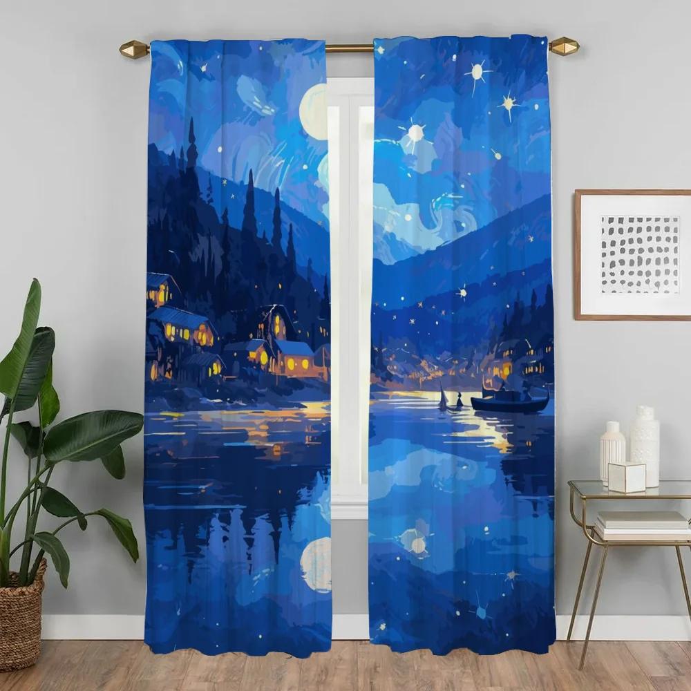 Sky and Ocean Elegant Room Curtains 2 Pieces Tulle for Bedroom Shades Halloween Decoration Living Room Curtain Partition Kitchen