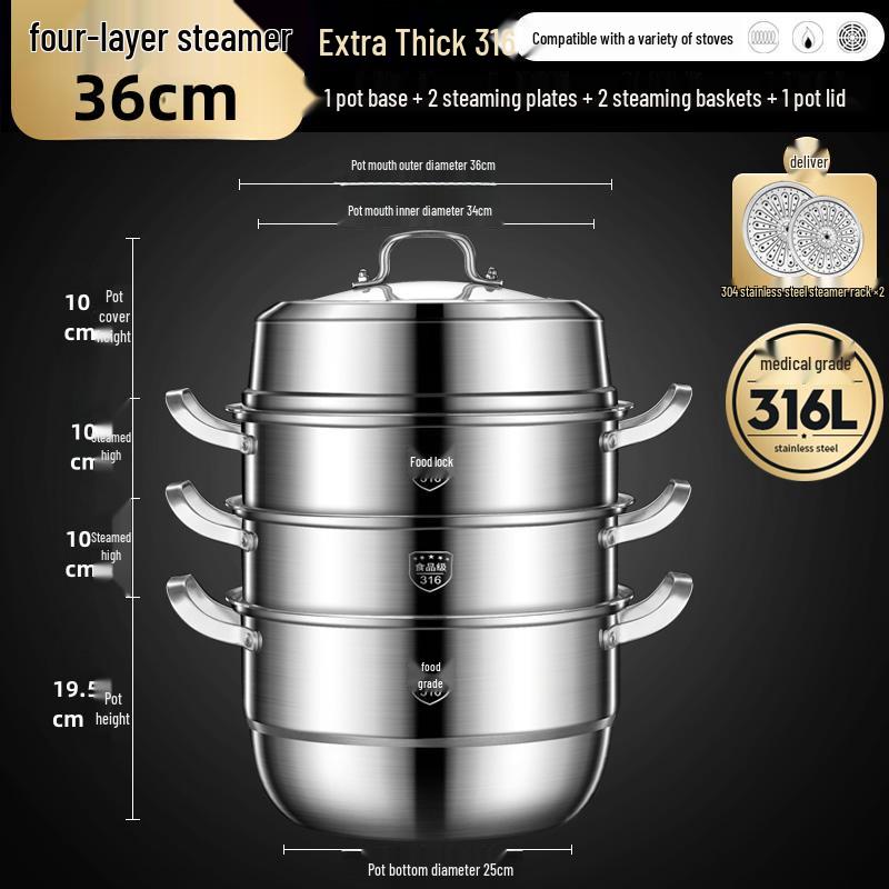 Tall and Thick 316 Stainless Steel Multi-Layer Steamer Pot with Integrated Molding and Food-Grade Steaming Basket