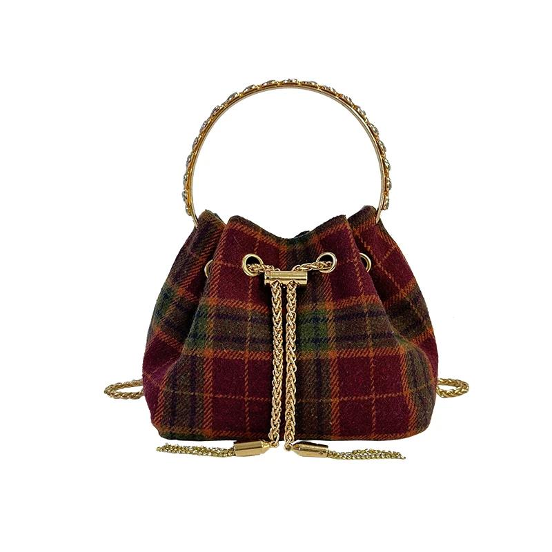 Damen-Umhängetasche mit Kette, neue Retro-Karo-Wolle, einzelne Schultertasche aus Cord