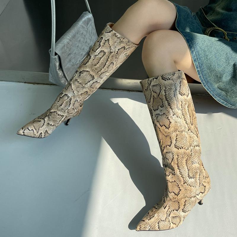 Bottes hautes pour femmes motif Python en PU bottes aiguilles pointues  talons fins bottes longues modernes femmes printemps automne chaussures  femme