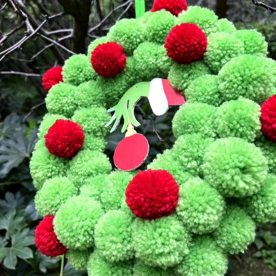13 Inch Christmas Green Elf Wreath for Front Door Plush Pompom Ball Wreath with Wooden