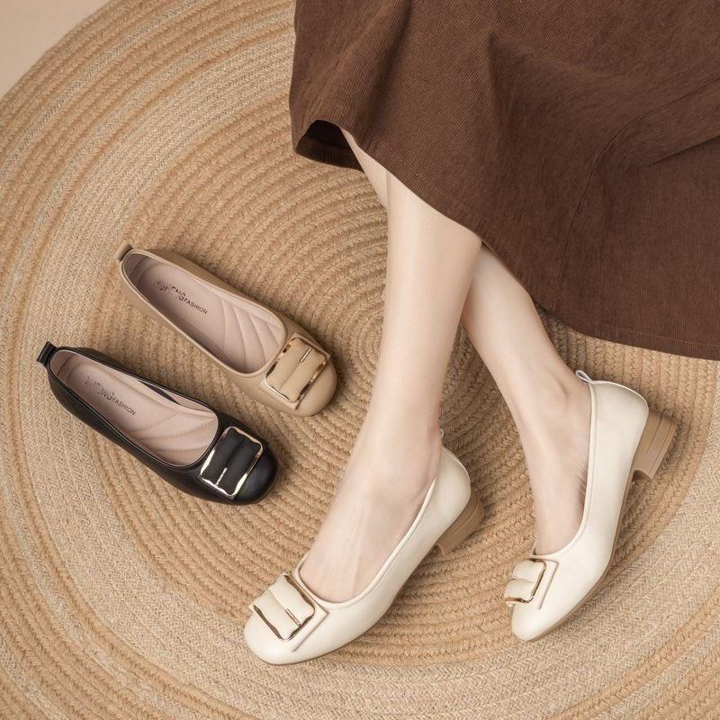 Soft Leather Shallow Mouth Single Shoes 2025 New Spring and Autumn Thick Heel Square Head Beanie Shoes Women's Soft Sole Low Heel One Pedal Mother Sho