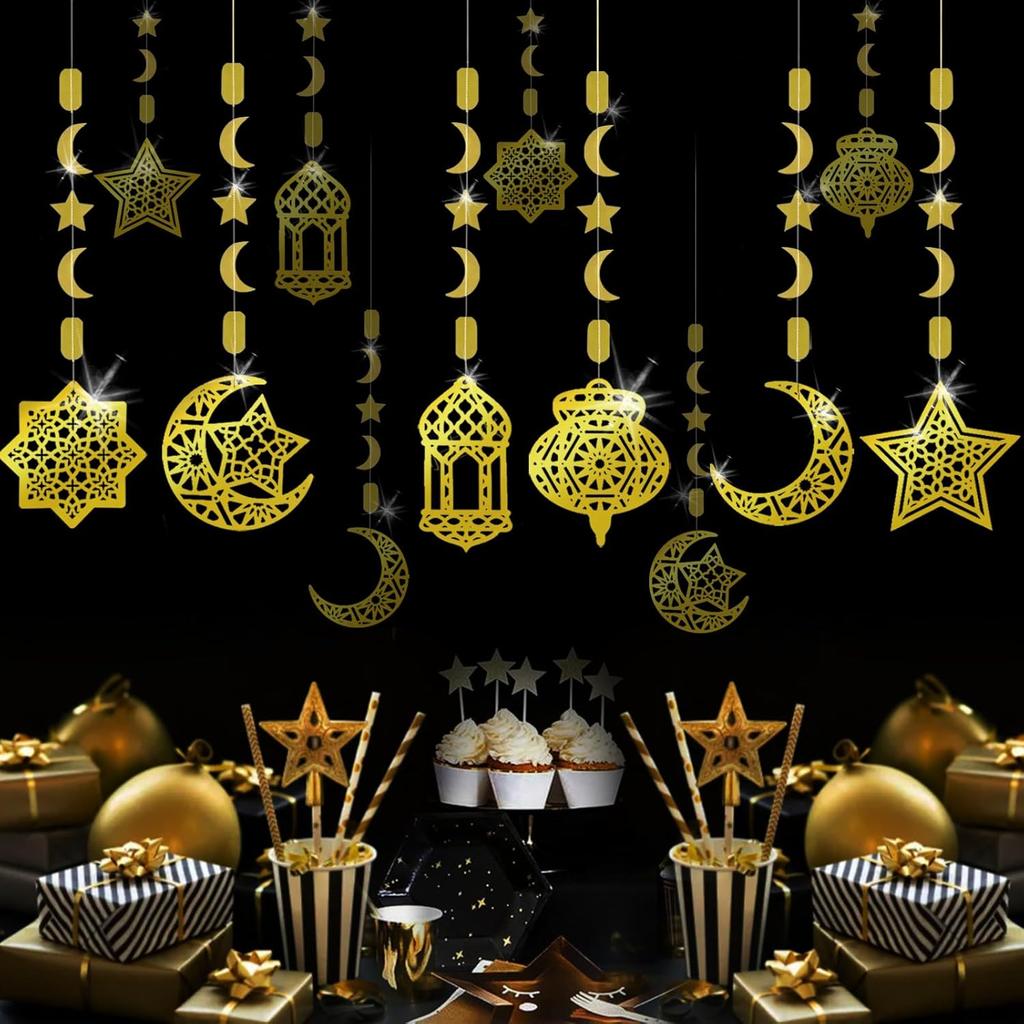 AhfuLife Ramadan Mubarak Eid Decorations for Home, 6 PCS Pre-Tied Golden Islamic Star Moon Lantern - Reble Eid Garland Streamer Eid Mubarak