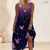 Women Plus Size Scoop Neck Sleeveless Purple Butterfly Printed A Line Maxi Dress