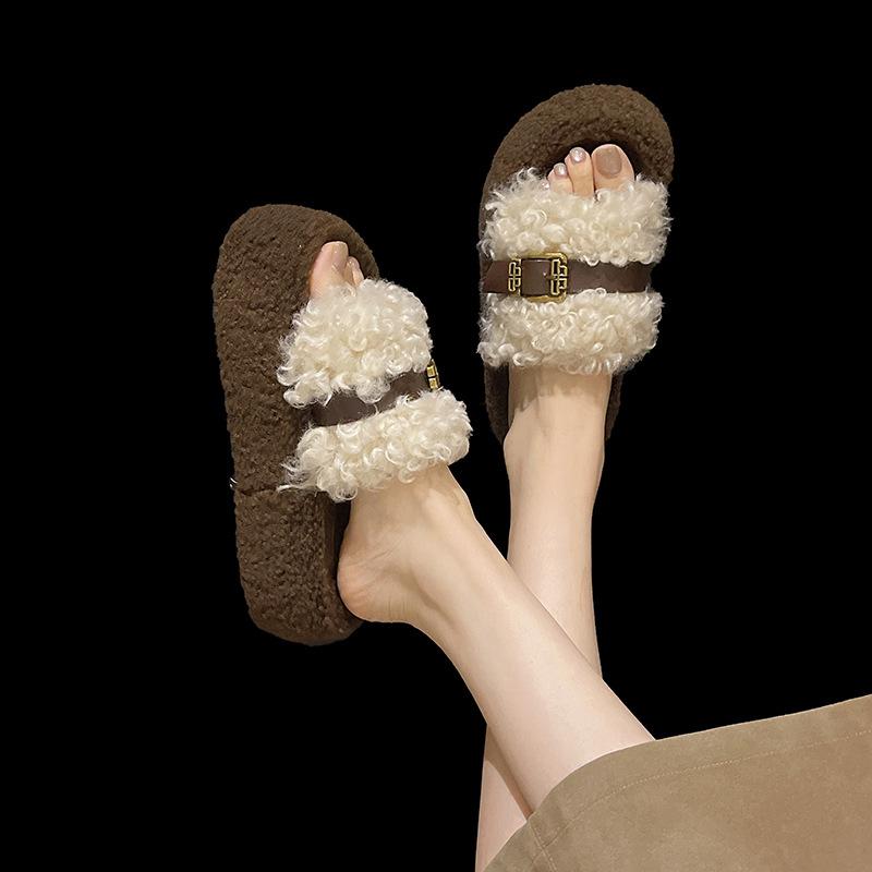 Internet Celebrity High-end Fluffy Slippers Women's Outer Wear 2025 New Popular Autumn and Winter Thick Bottom Heightening Lamb Plush Cotton Mop