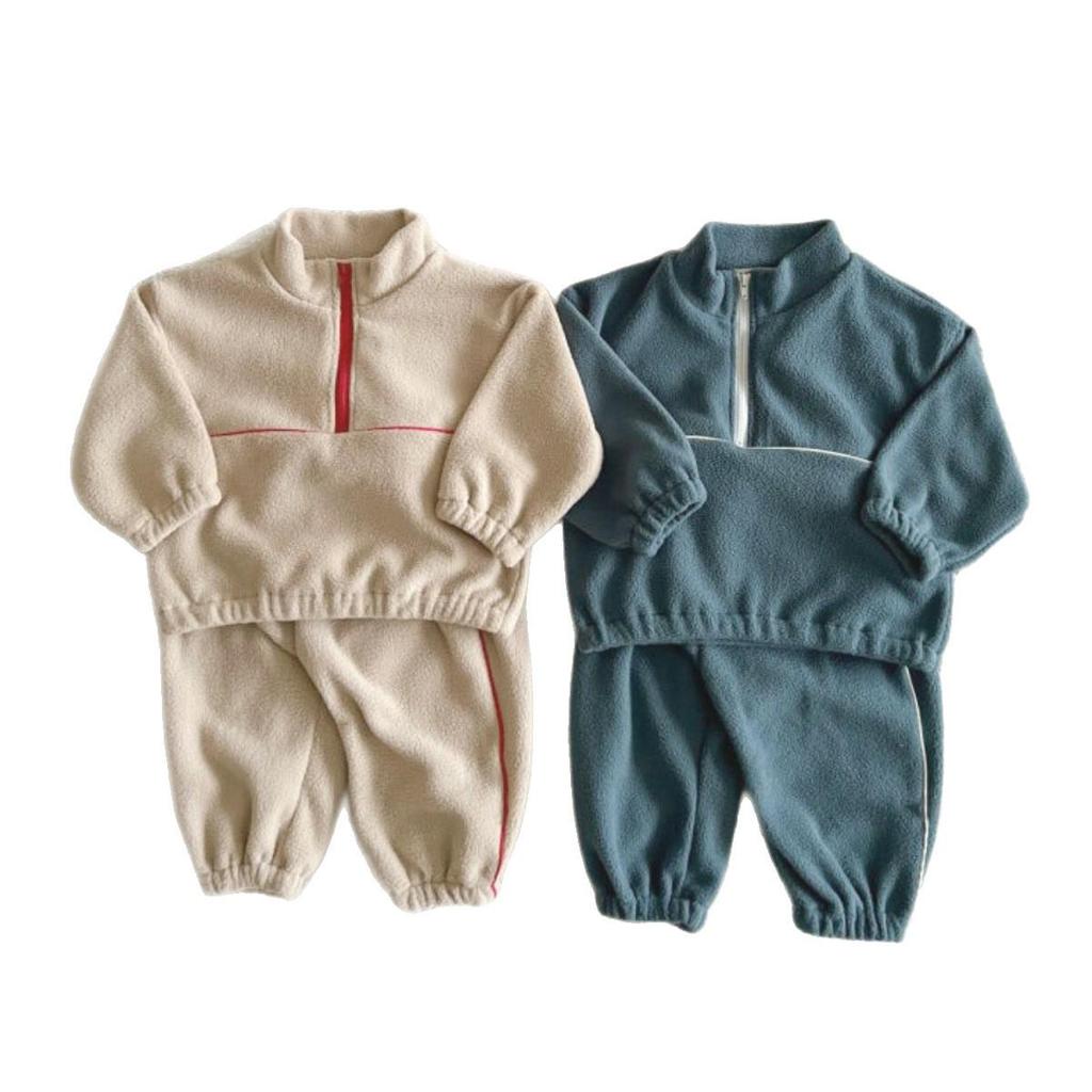 Men's and Children's Double-Sided Fleece Stand Collar Zipper Set: Autumn/Winter Casual and Plus Velvet Sportswear Two-Piece.