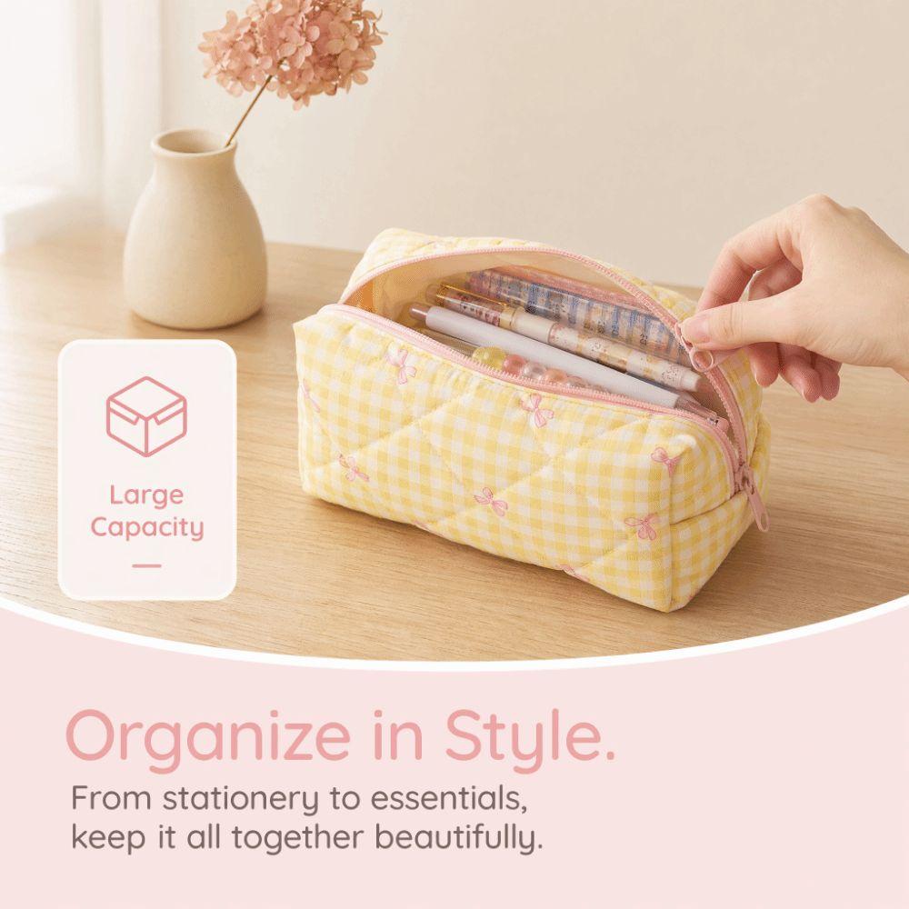 Large Capacity Plaid Bow Pattern Stationery Bag Lightweight Coin Purse Makeup Storage Bag Office