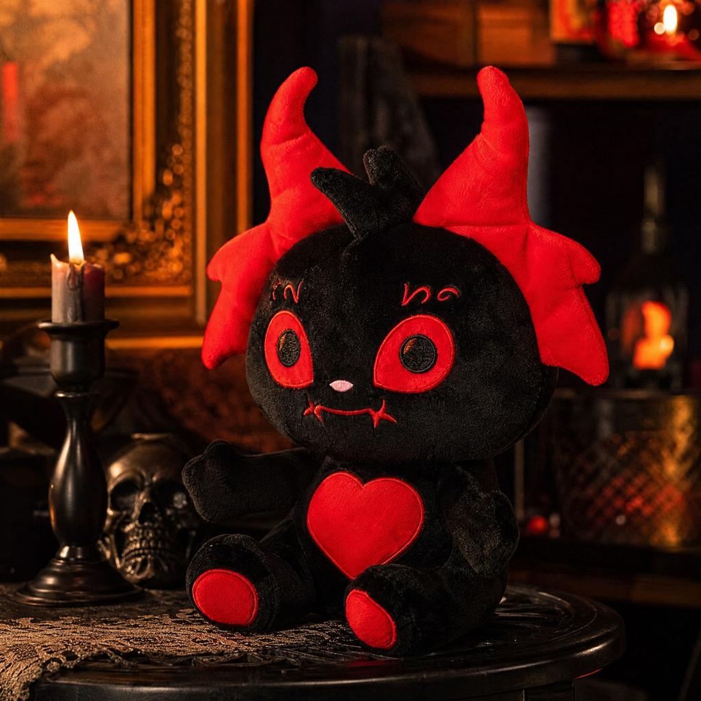 Gothic Devil Plush Doll Halloween Decor - Black Stuffed Animal Toy with Red Horns and Heart, Plush Gift