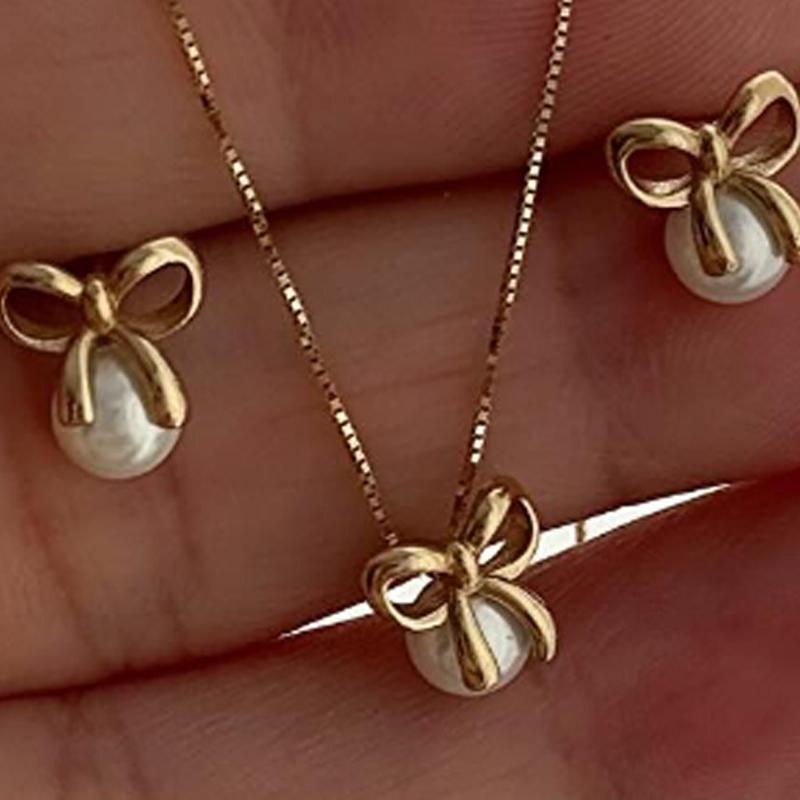 3Pcs/Set Imitation Pearl Bowknot Necklaces Earrings For Women Fashion Exquisite Gold Color Necklaces Earrings Sets Wedding Gifts