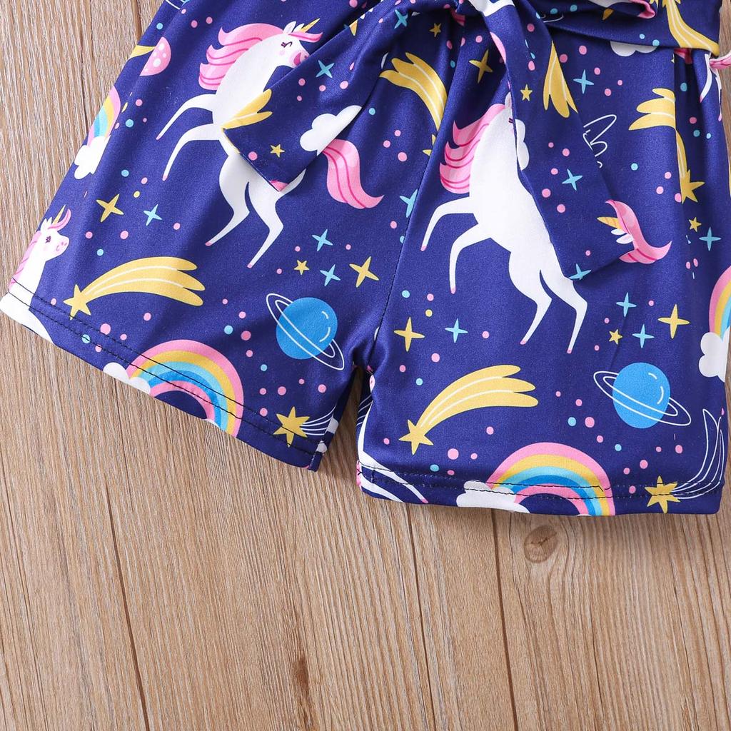 Girls 2 Piece Outfit 1-8Y Pink Unicorn Print T-Shirt with Shorts Set Kids Ruffle Sleeve Summer Clothing Sets