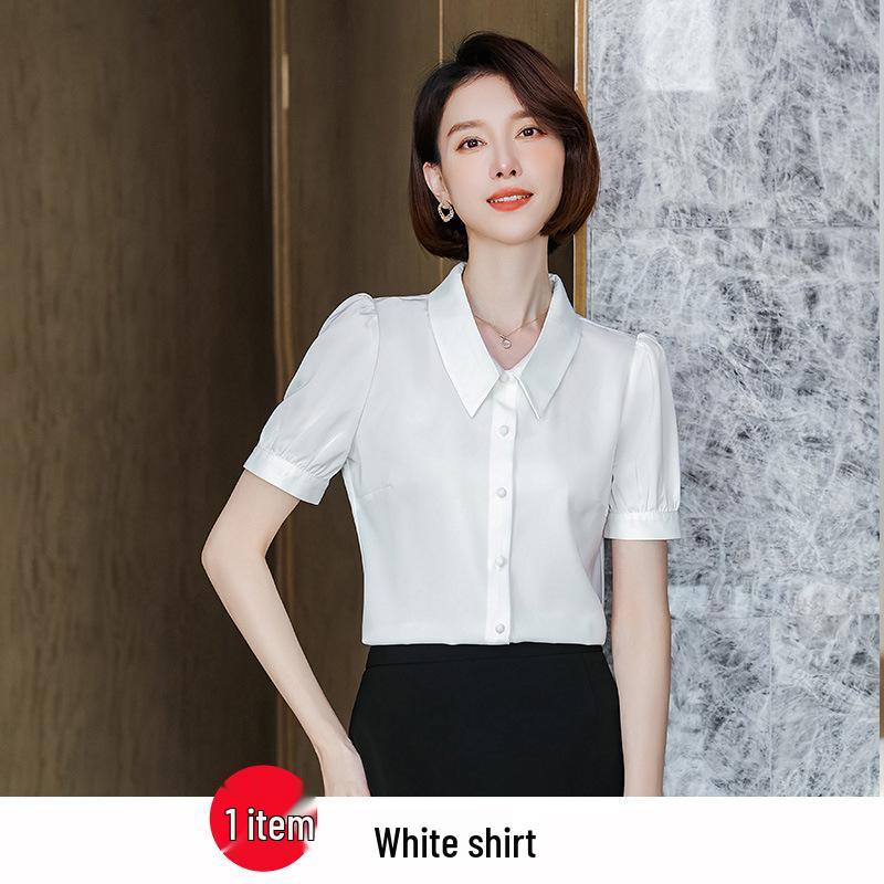 Women's Short-Sleeve White Chiffon Shirt - Trendy Professional Summer Top