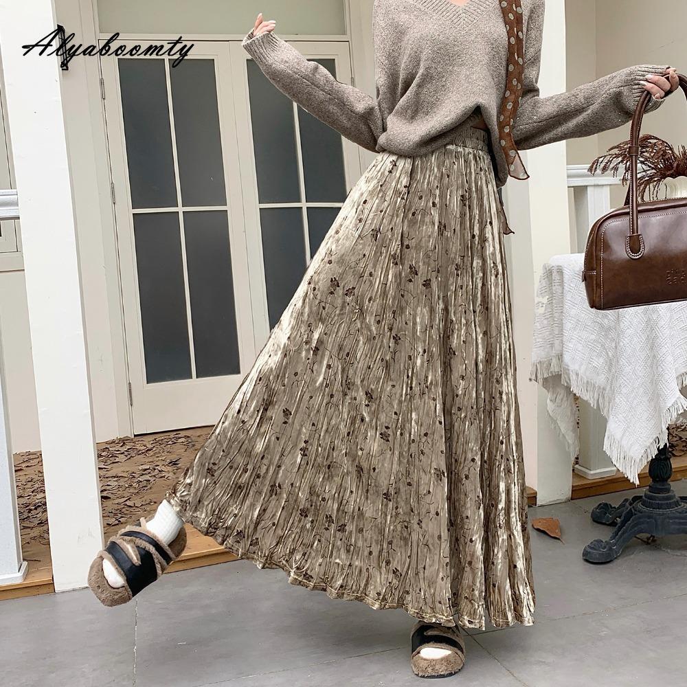 

Корейская мода Осень Зима Женская юбка миди Эластичная талия Цветочный принт Бархатная юбка Элегантные женственные плиссированные юбки Женские One Size бежевый