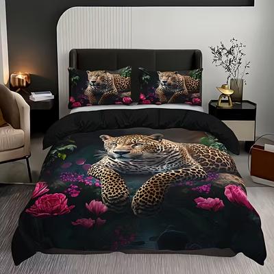3Pcs Duvet Cover Set Wild Animal Leopard Rose Bedding Set All Season Quilt Cover Bedroom Decoration Gifts