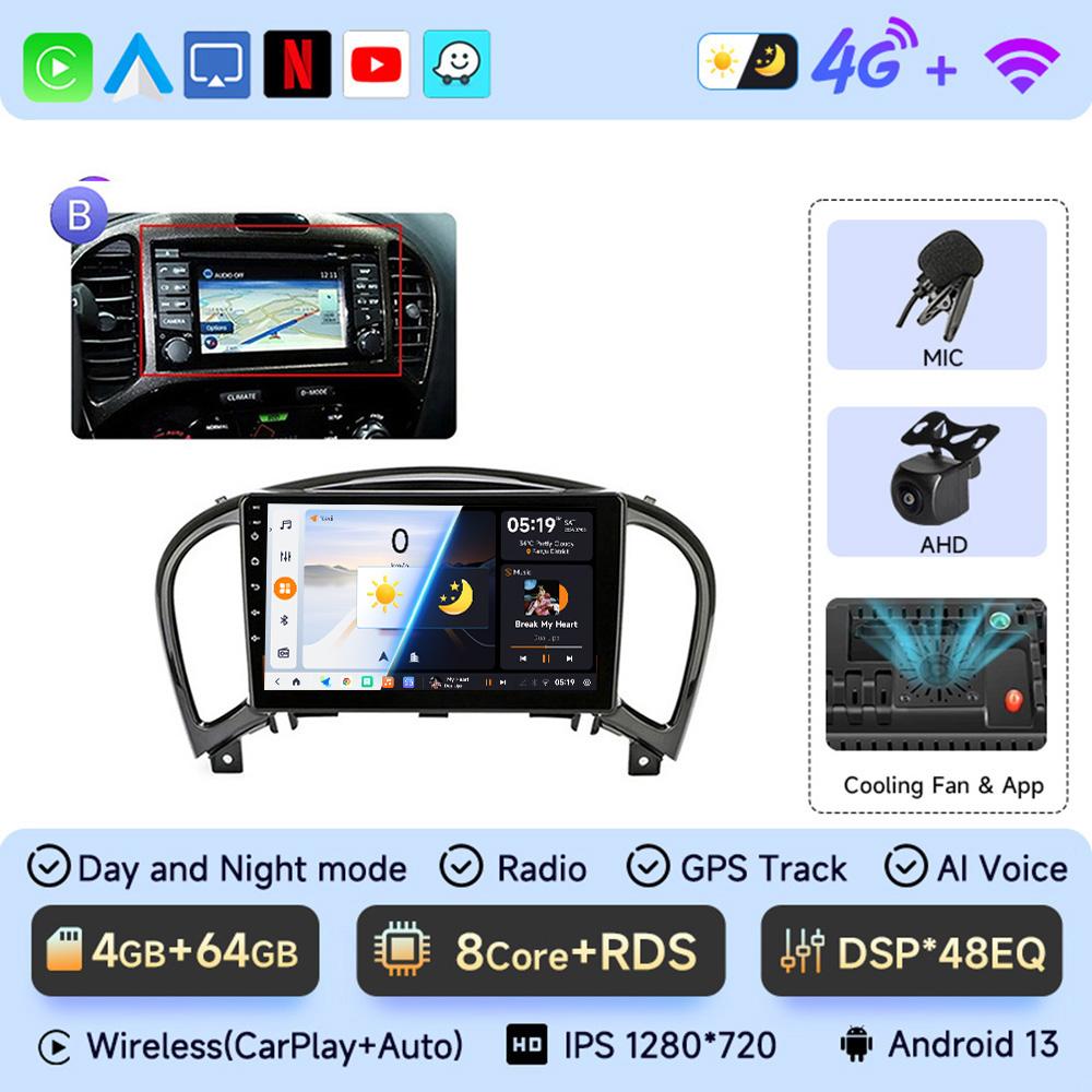 JIUYIN Android 13 Wireless CarPlay Android Auto Radio for Nissan Juke YF15 2010 2011 2012-2014 4G Car Multimedia GPS 2din