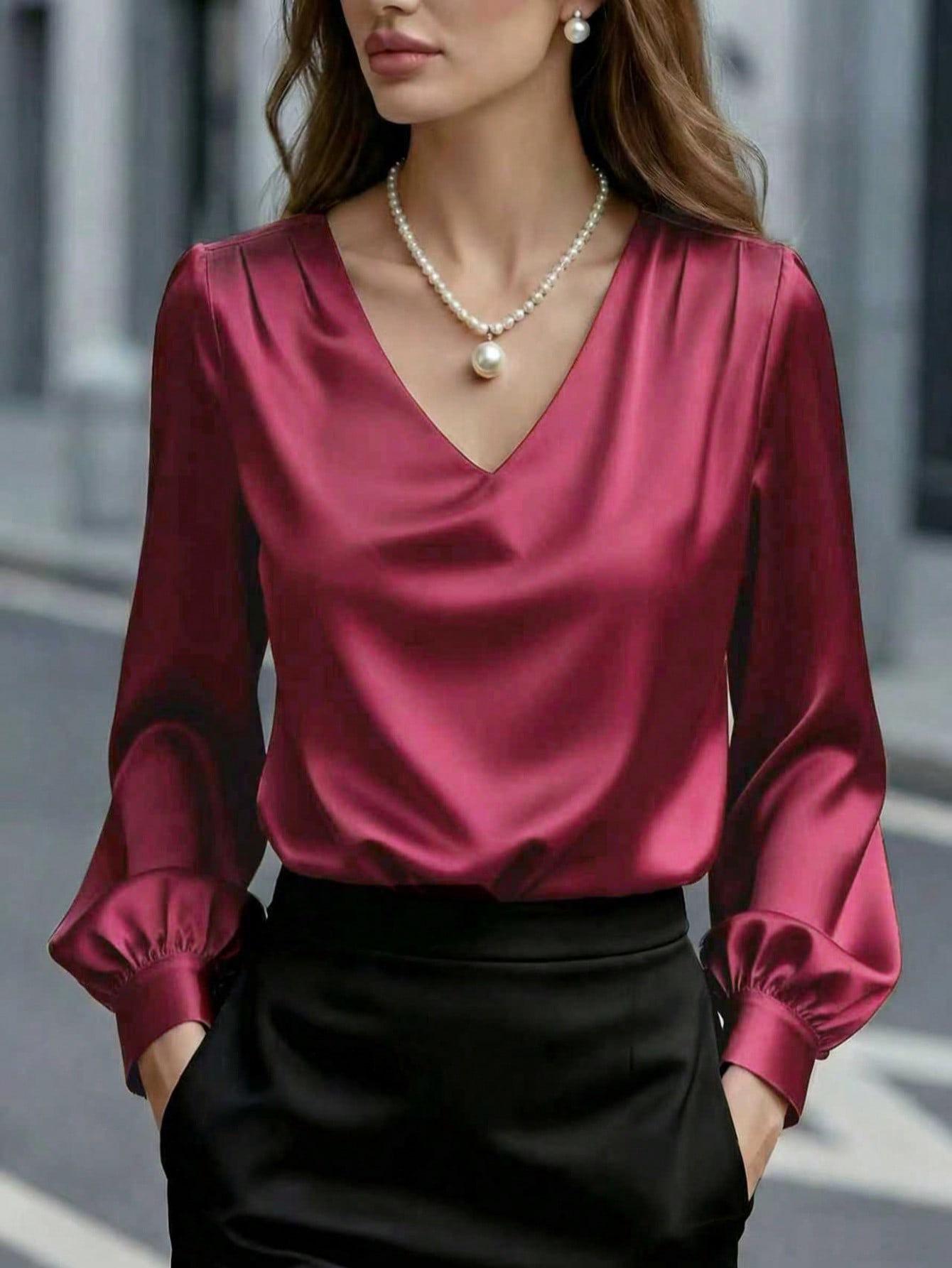 Elegant French Style Satin Puff Sleeve V-Neck Shirt for Women Extra Large