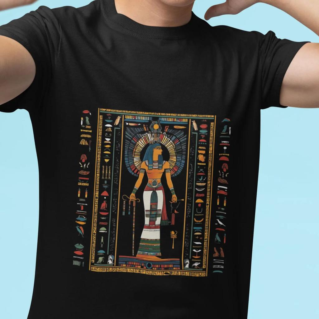 Egyptian Goddess T Shirt Hieroglyphs Bold Colors Ancient Mystery Design Cotton Vintage Graphic Soft Homme