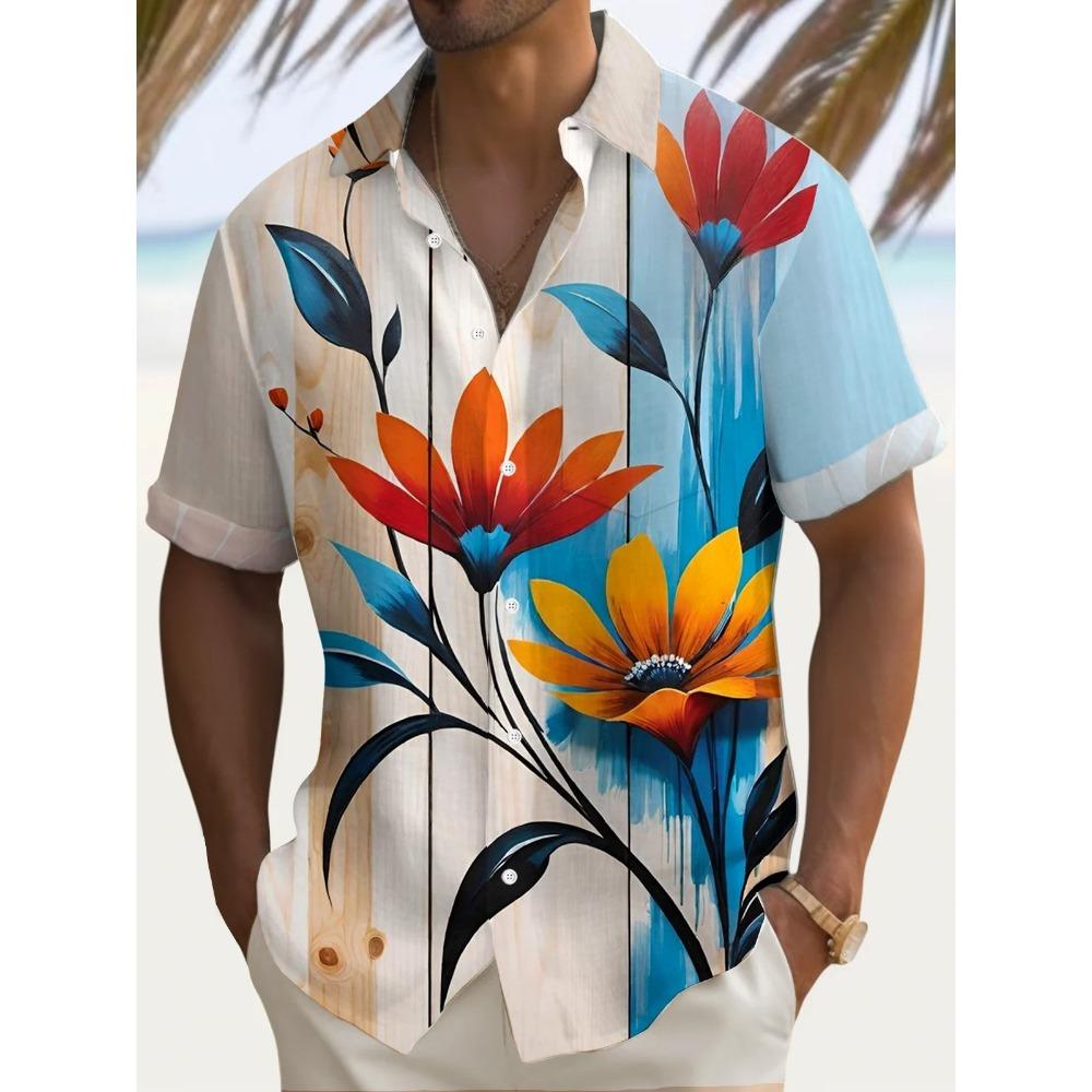 Summer Men's 3D Printed Floral Graphic Shirt Hawaiian Casual Shirts Button Up Shirts Short Sleeve Vacation Beach Wear No Pocket