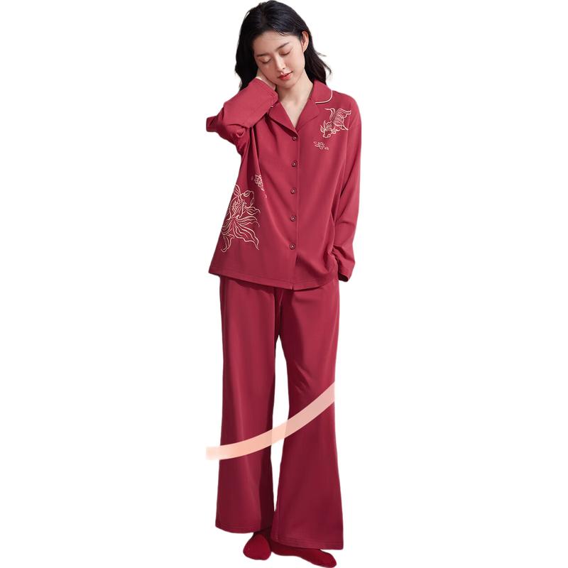 Super Soft Red Chinese Style Couple Pajama Set M