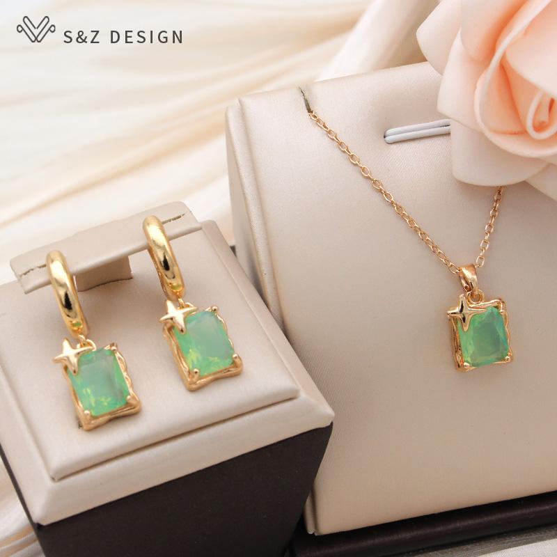 Fashion Rectangle Green Artificial Crystal Drop Earrings For Women Trendy Elegant Champagne Gold Color Jewelry