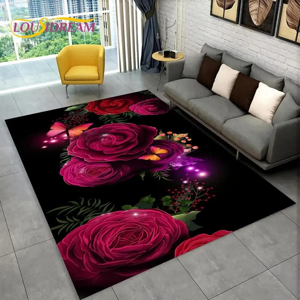 3D Nordic Luxury Flower Rose Area Koberec velký,Koberec pro domácí obývací pokoj Ložnice Sofa Rohožka Dekor,Dětské protiskluzové rohože