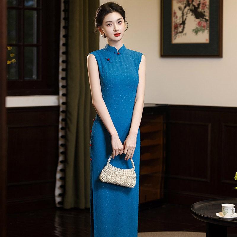 Elegant Blue Sleeveless Qipao Dress Long Length Vintage Style Women 2026 Silk-Linen Blend Small