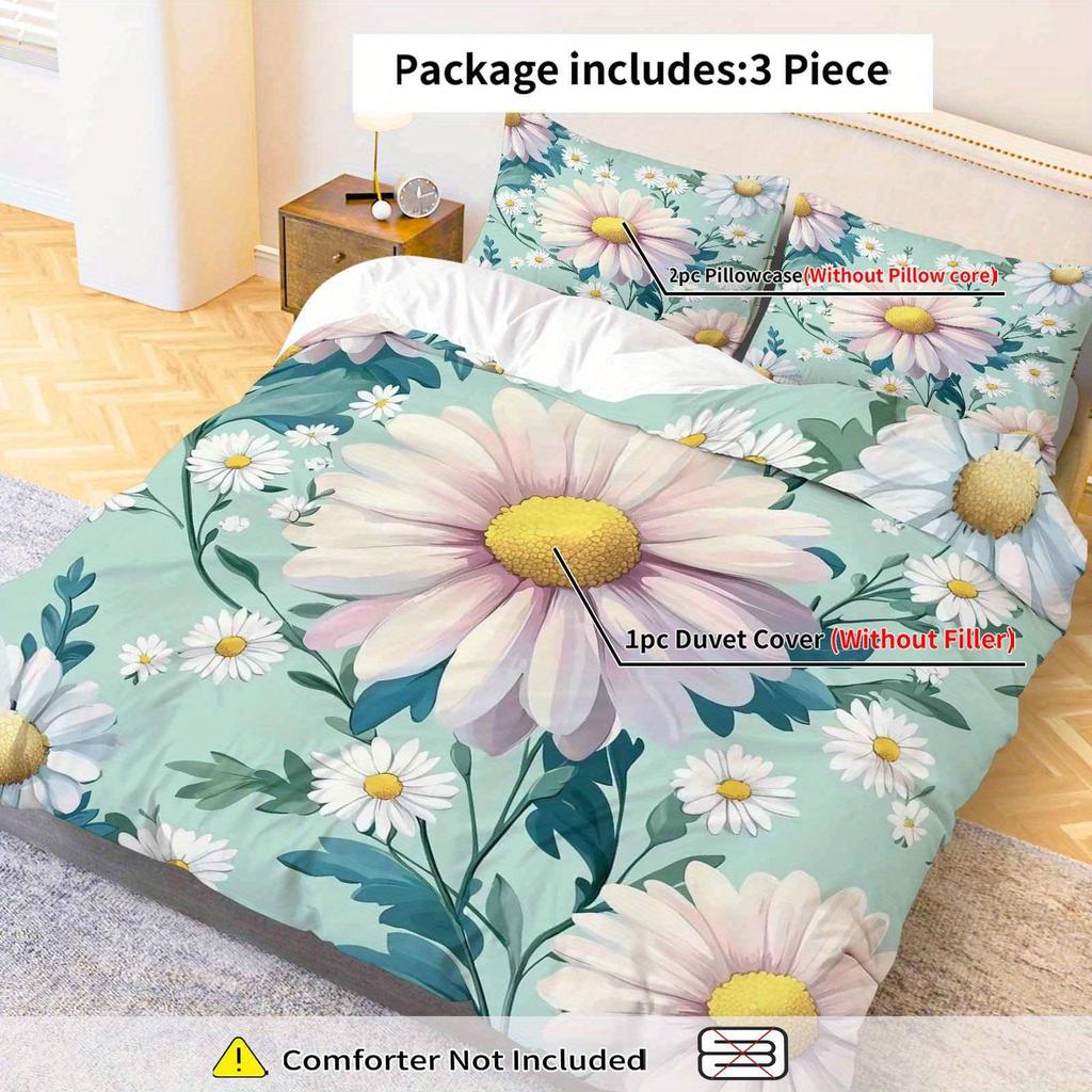 Comforter 3Pcs Daisy Flower Floral Botanical Fresh Nature Theme Bedding Set Suitable For Decoration Bedroom Living Room