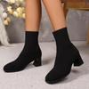 Classic Simple Solid Stretch Sock Boots Women Autumn Elegant Square Toe High Heel Booties Slip On Elastic Knitted Ankle Boots