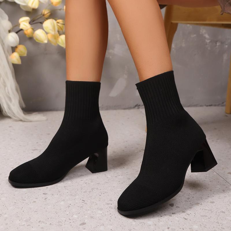 Classic Simple Solid Stretch Sock Boots Women Autumn Elegant Square Toe High Heel Booties Slip On Elastic Knitted Ankle Boots