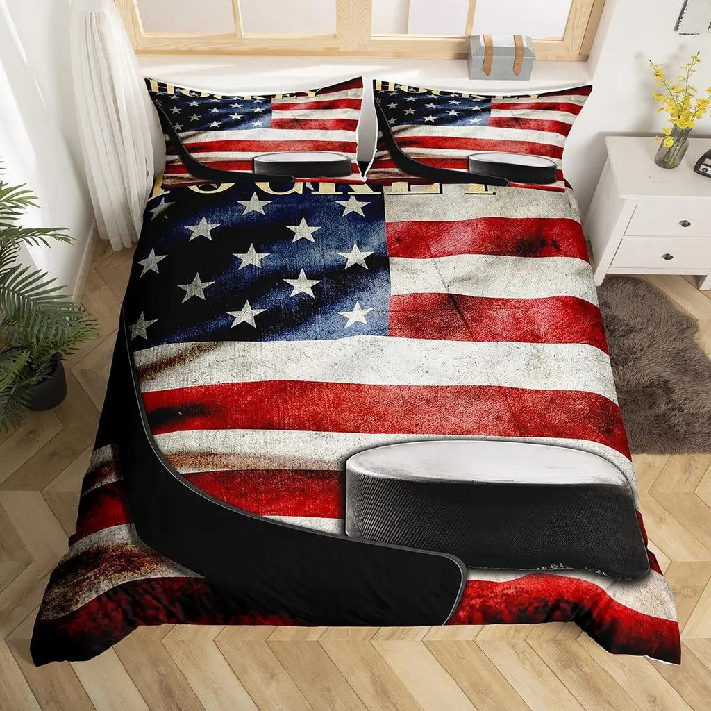 Hockey Duvet Cover Set 2/3pcs Hockey Sports Comforter Cover Polyester Hockey Puck Ball King Queen Size Quilt Cover For Boys