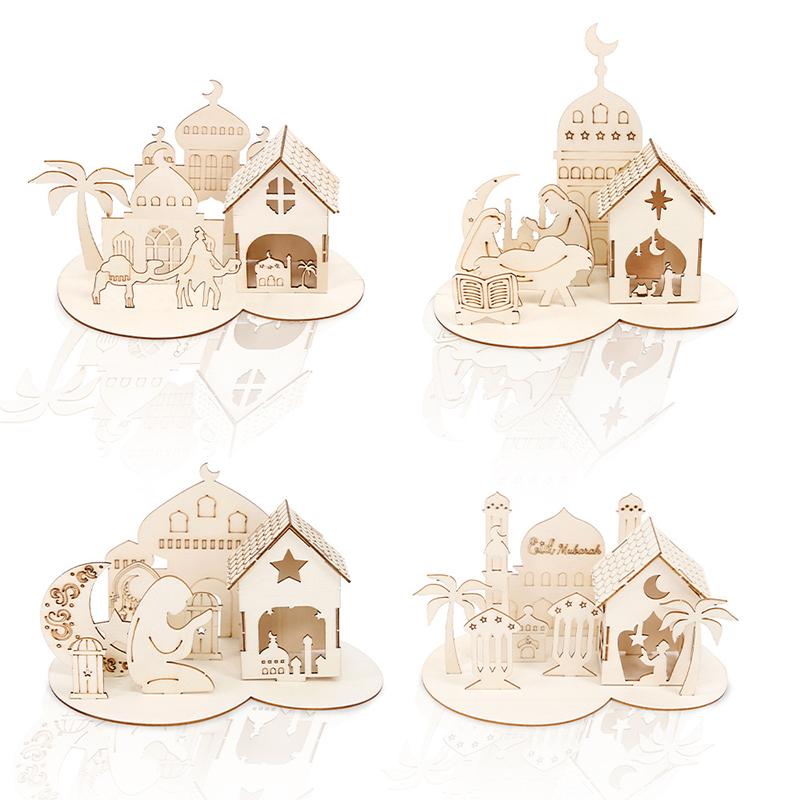 1set Islamic Castle Table Ornaments Eid Mubarak Wooden DIY Puzzle for Home Decoration 2026 Ramadan Muslim Party Supplies Gifts