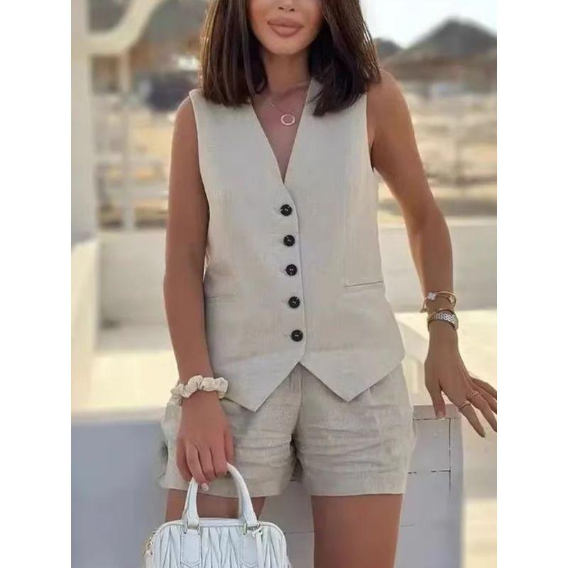 Sleeveless Vest and Hot Pants Set Solid Sleeveless Vest Vest Hot Pants Set
