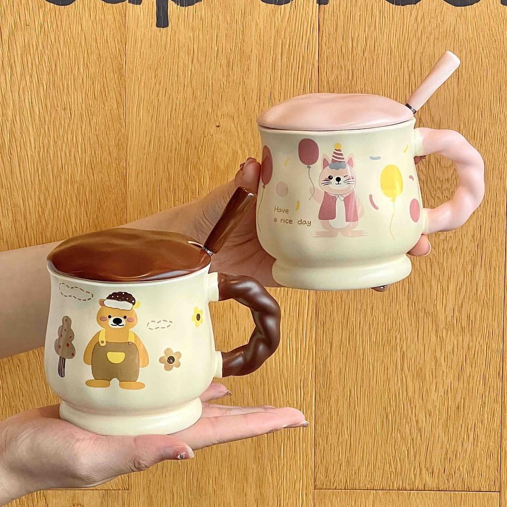 Cute Ceramic Mug Couple Cartoon Drinking Water Cup with Lid Spoon Office Coffee Cup Birthday Gift