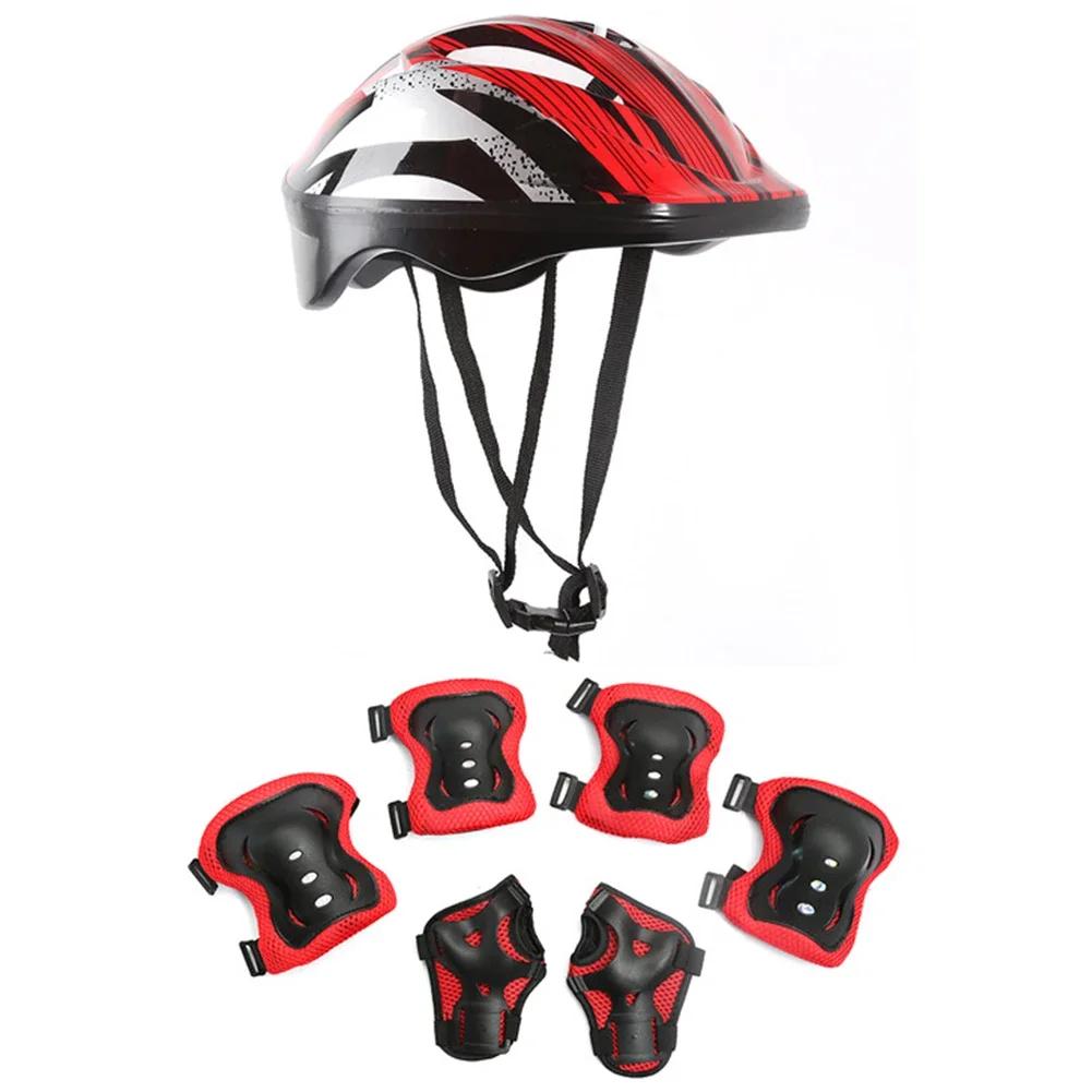 

7Pcs Bicycle Sport Protective Gear Set Breathable Kids Skateboard Scooter Helmet Set 48-55cm for Skateboard/Bike/Skating/Cycling красный