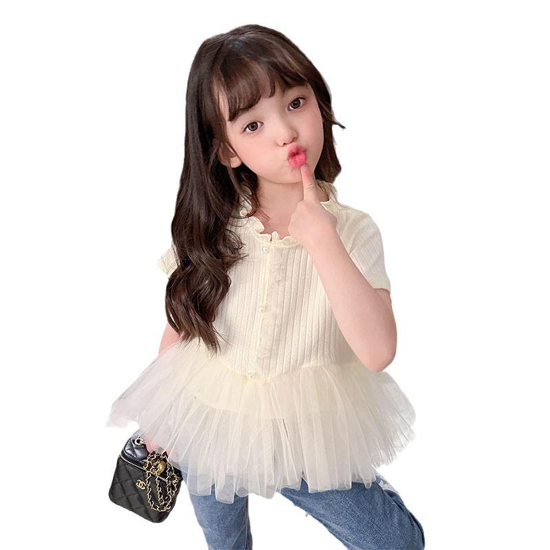 Girls' Summer 2025 Fashion Mesh Skirt Top - Solid Color Short Sleeve, Versatile & Casual