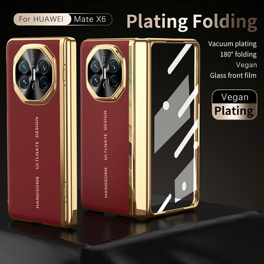 Für Huawei Mate X6 Hülle PU Leder+PC Galvanisierung Handyhülle mit gehärtetem Glas Bildschirmschutz