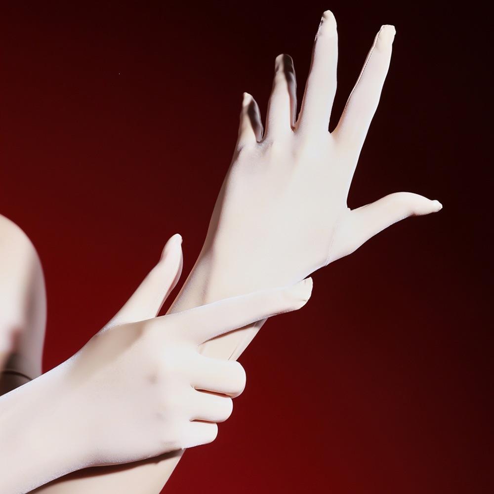 Damen Fünf-Finger Glänzende Seidenstrümpfe und Handschuhe, Aurora Handstrümpfe, Sexy und Erotisch, Pferdefett Weiße Strümpfe, Schwarz S one size white