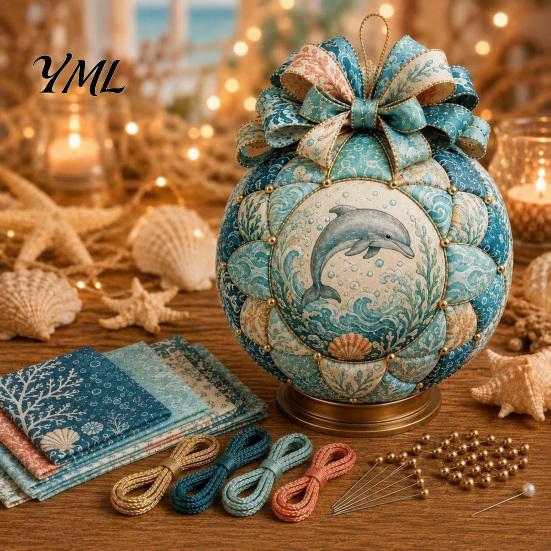 Desktop Scenery Making Set Ocean Treasures DIY Patchwork Ball Ornament Kit, Nautical Dolphin Fabric Craft Handmade Set, Coastal Decor, Hanging