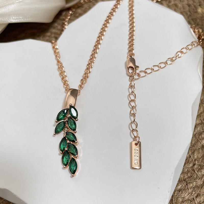Vintage Green Zircon Leaf Pendant Necklace Rose Gold Color Luxury Dangle Necklace For Women Gift